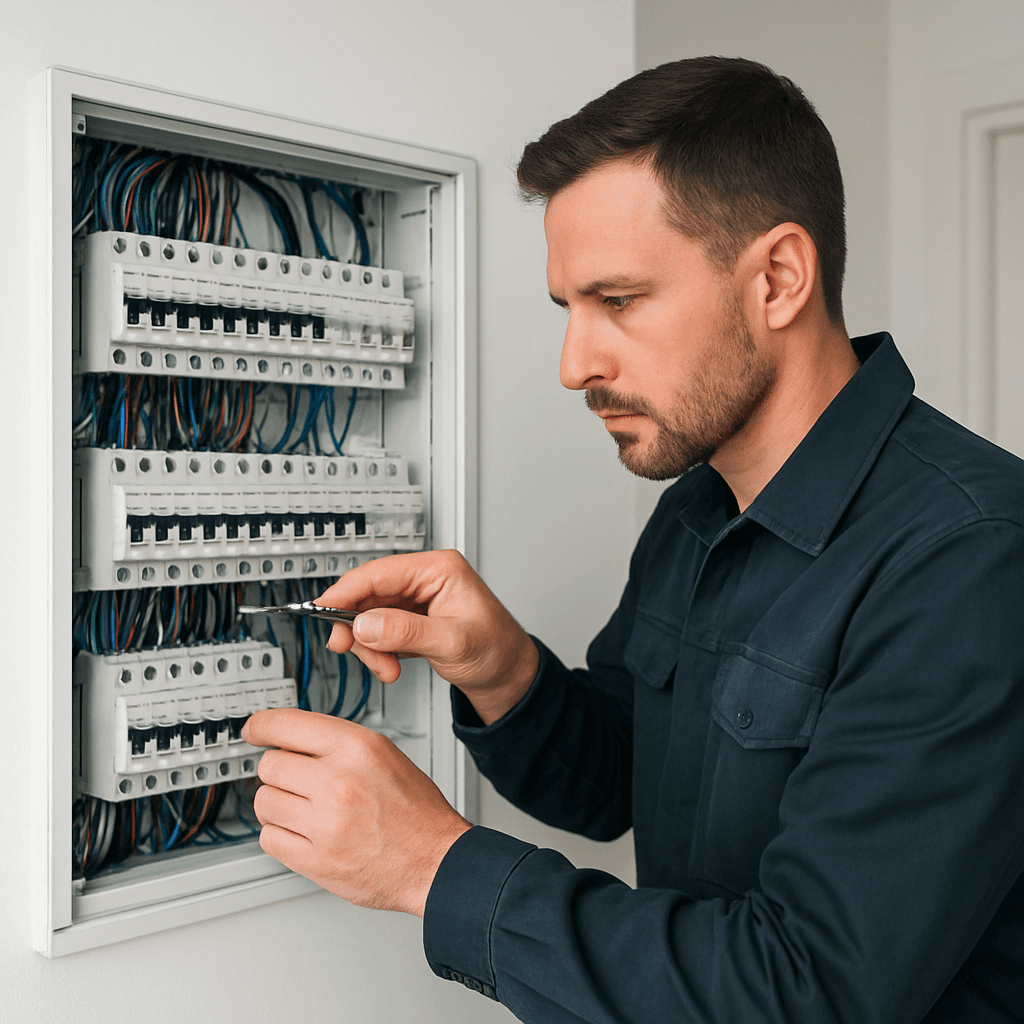 Elektriker von Elektro-Lang arbeitet an einem modernen Zählerschrank